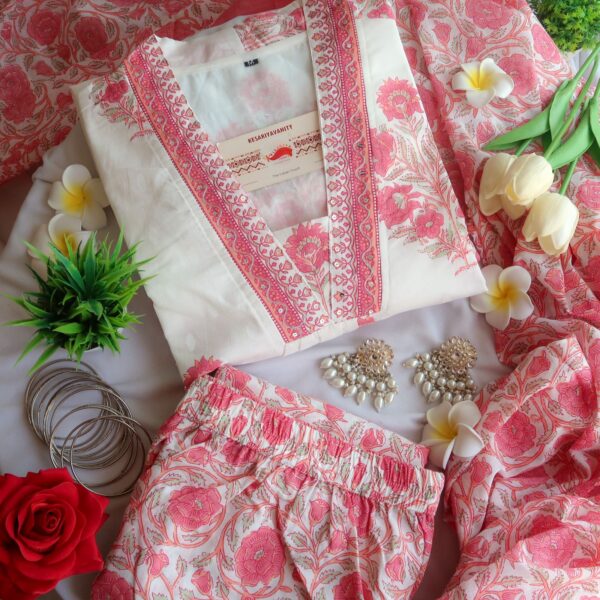 Pink Roses Three piece Cotton Suit Set - Blend of Fun