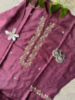 "Meena" Hand Embroidered Wine Silk Kurta - Image 3