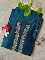 "Meena" Hand Embroidered Turquoise Silk Kurta