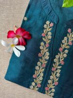 "Meena" Hand Embroidered Turquoise Silk Kurta - Image 2