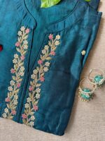 "Meena" Hand Embroidered Turquoise Silk Kurta - Image 3