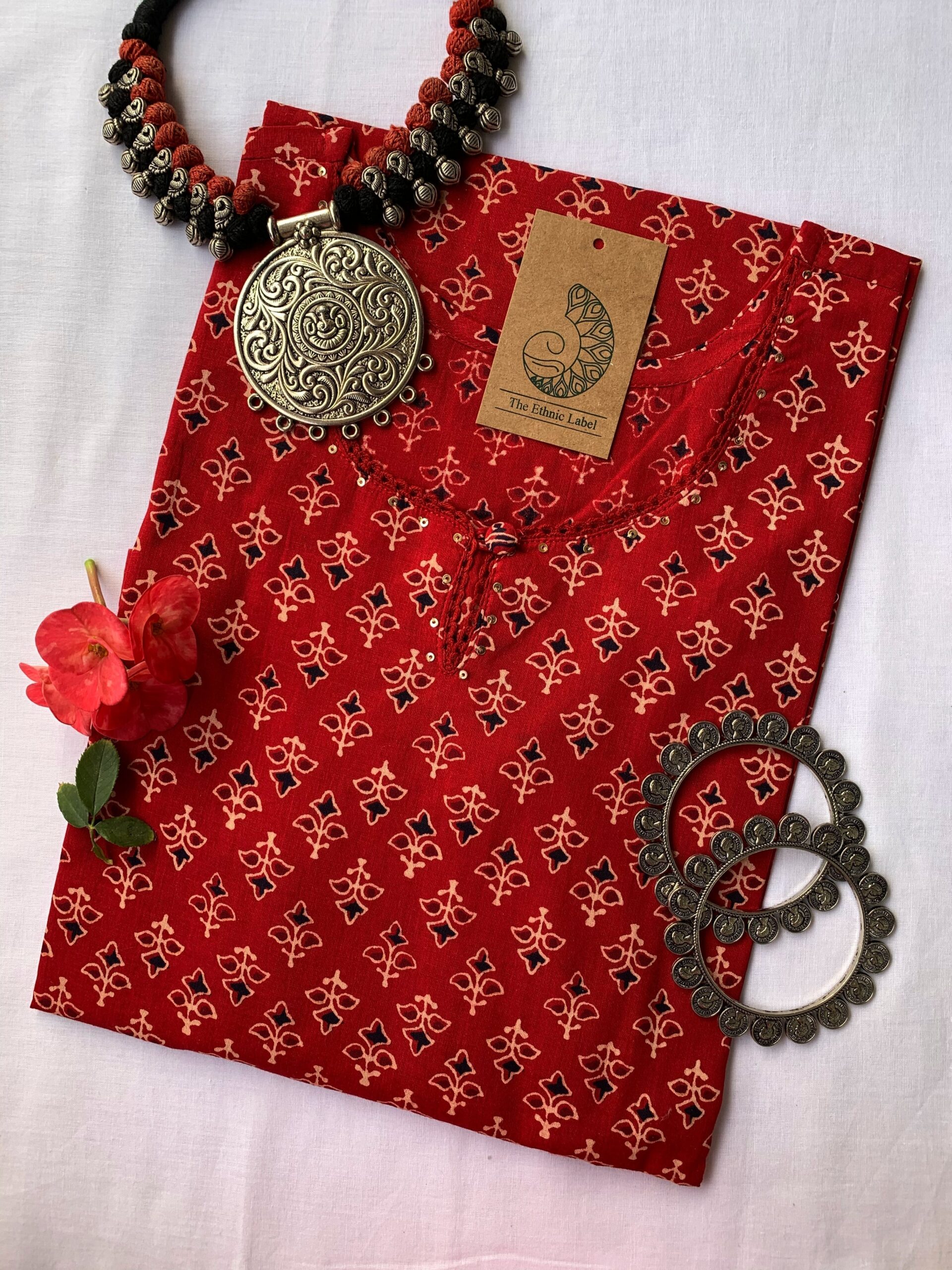 IMG_4823-scaled-1.jpg Hand Block Printed Red Ajrakh Boota Cotton Kurta - L - Image 1
