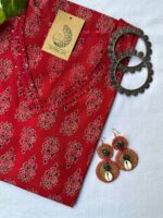 Roohani Bagru V neck Kantha Hand Block Printed Cotton kurta - S - Image 2