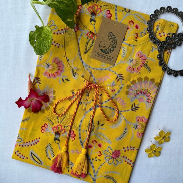 "Flavia" Yellow Sanganeri Hand Block Printed Cotton kurta